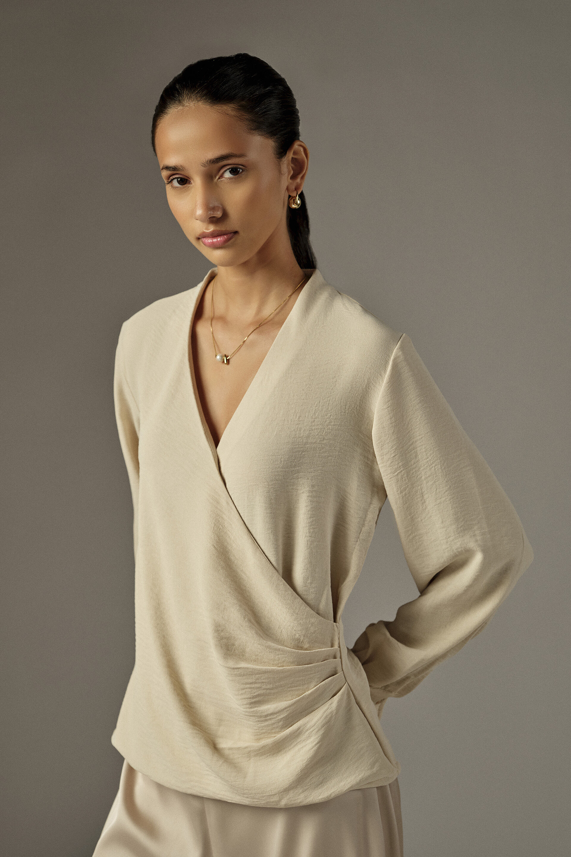 Wrap Full Sleeves Top in Beige, Beige, image 2